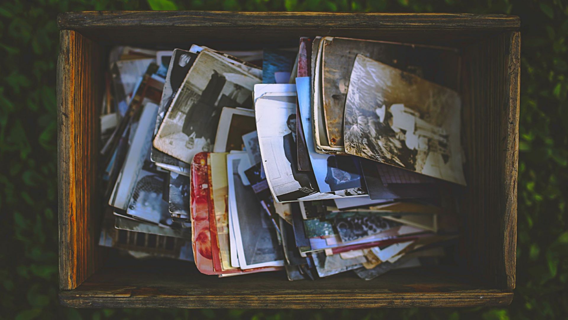 An image of a box full of old family photos.