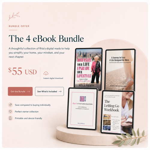 Graphic promoting Rita Wilkins’ 4 eBook Bundle for $55 USD, featuring four digital downloads displayed on iPads with soft blush branding, bundle details, and buttons to get the bundle or see what’s included.