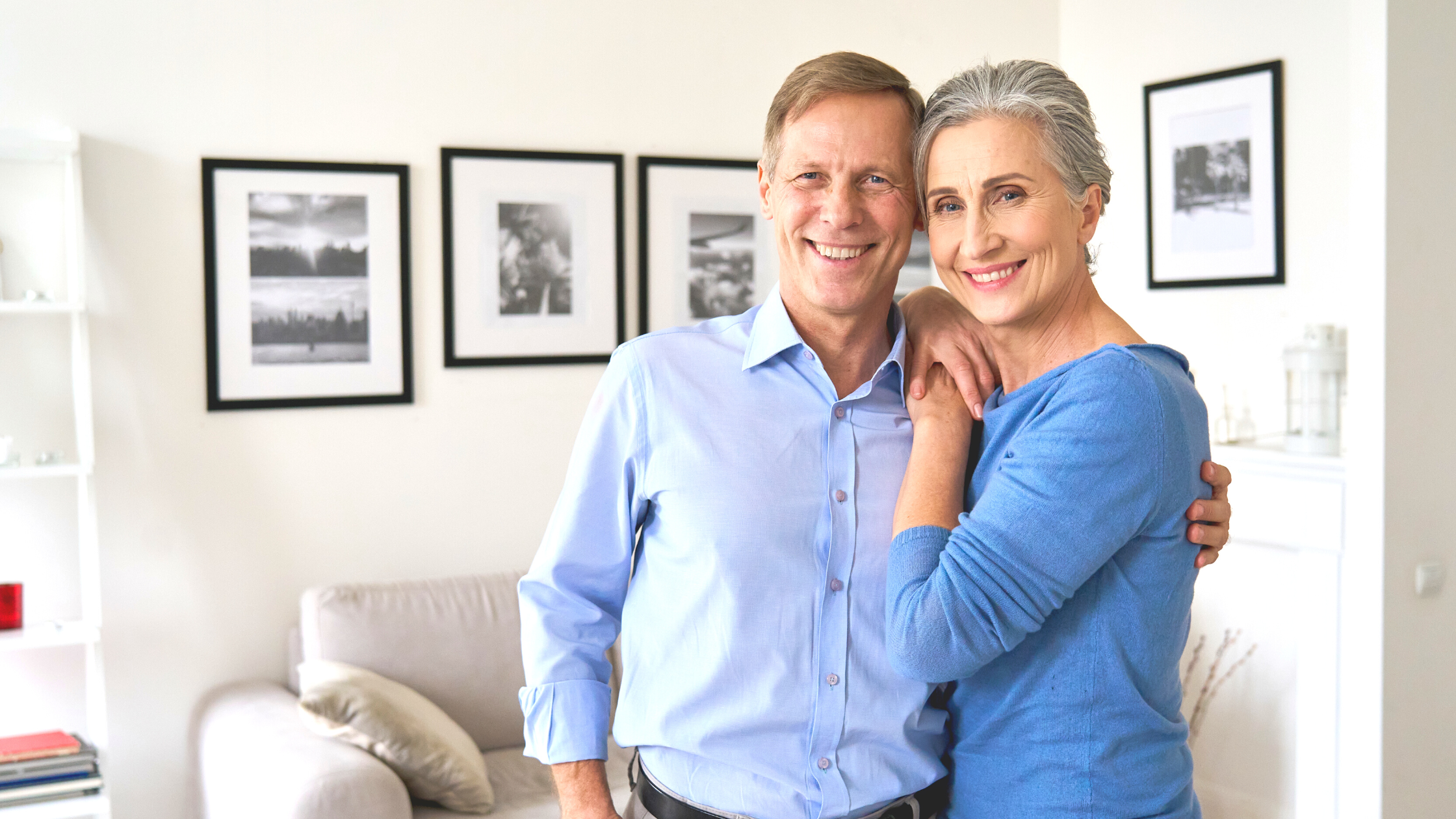 An image of happy couple living their new minimalist lifestyle.