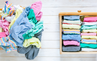 An image of a messy basket with clothes and a drawer with neatly organized drawer.