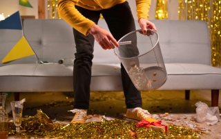 An image of a man trying to tame the holiday chaos by decluttering first.