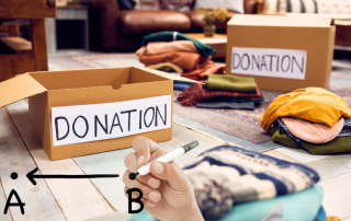 An image of a space being decluttered backwards and sorted in donation boxes.