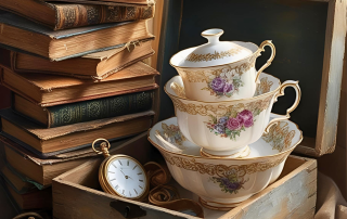 An image of sentimental items such as old books, watch, and tea cups that are hard to let go.