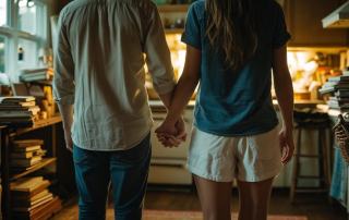 A couple holding hands and looking at all their clutter in their kitchen.