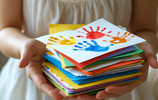 Mother holding childhood art memories with love.