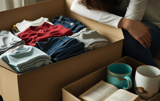 an image of a lady holding the items that she is ready to let got one more time as she is ready to donate them to someone who needs them.