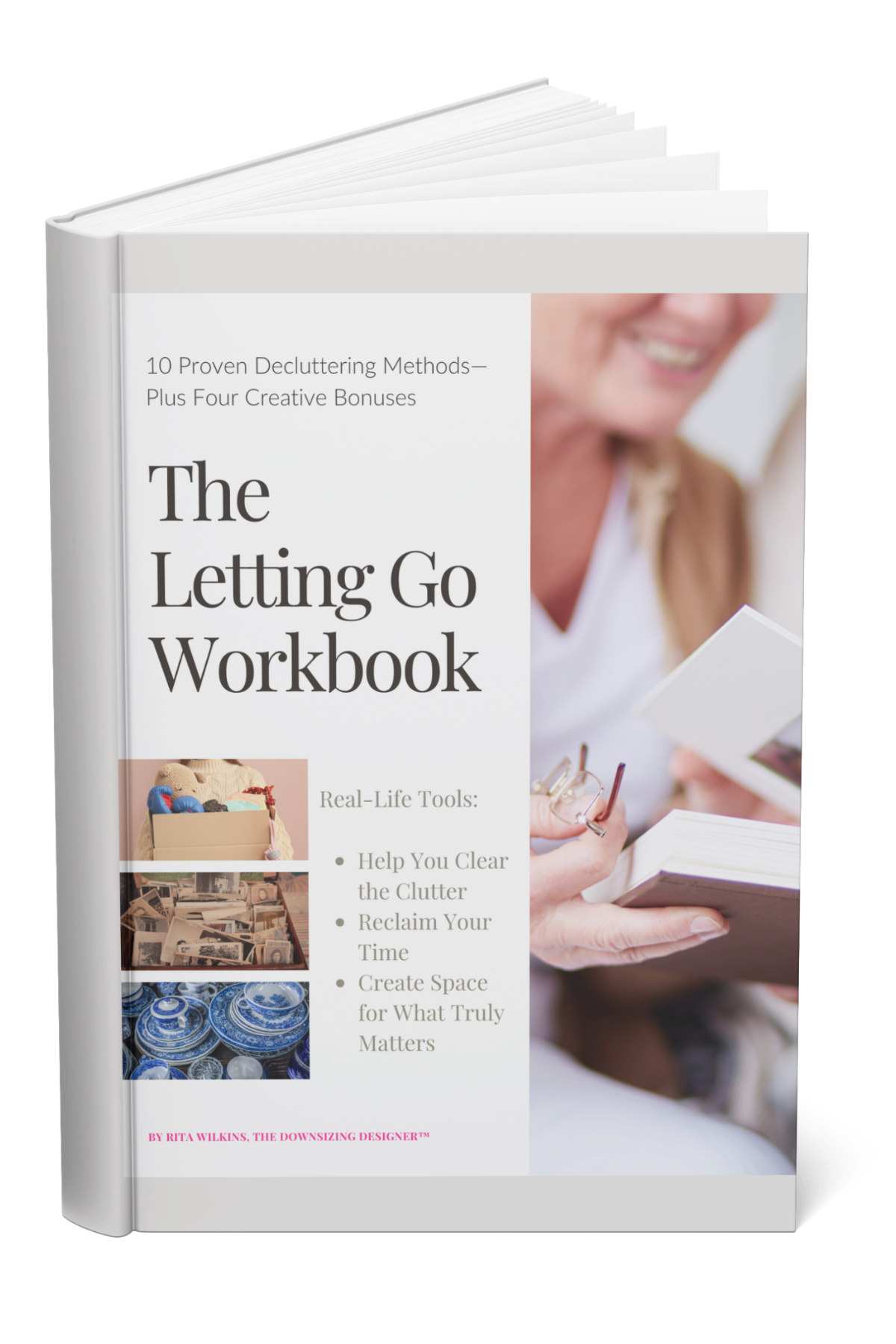 Book Mock-up The Letting Go Workbook cover showing title and Rita Wilkins The Downsizing Designer branding