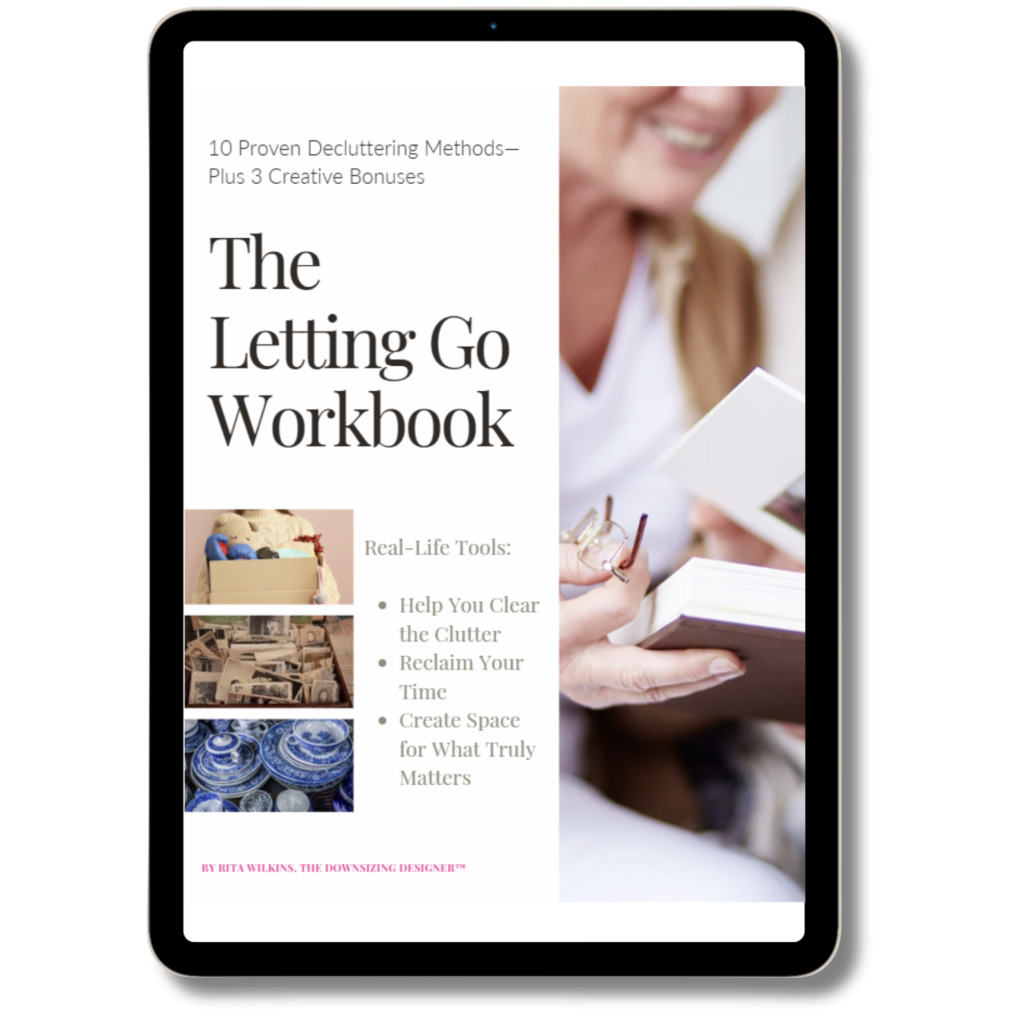 The Letting Go Workbook cover showing title and Rita Wilkins The Downsizing Designer branding