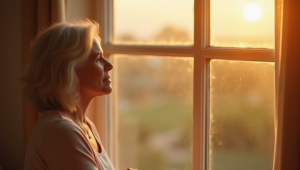 A thoughtful midlife woman gazes out a sunlit window at sunrise, reflecting quietly on identity, life transitions, and who she is becoming after 50.