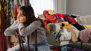 Woman sitting backward on a chair, resting her arms and chin, looking overwhelmed in a cluttered room with piles of colorful clothes spilling over a sofa and hanging from a rack, symbolizing decluttering stress and decision fatigue.