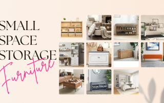 Collage graphic reading “Small Space Storage Furniture” with multiple images of multifunctional pieces including shelving units, storage chests, shoe benches, ottomans, wall shelves, and built-in storage beds in neutral, minimalist interiors.