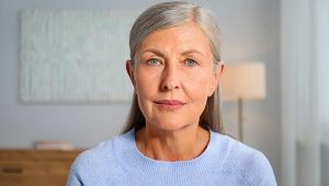 Portrait of a thoughtful woman over 50 with gray hair and blue eyes, sitting indoors in a softly lit home, representing reflection and life transition during the in-between season after 50.
