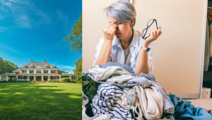 Middle-aged woman sitting alone in a large home looking overwhelmed by clutter and space, representing decision fatigue and downsizing stress.
