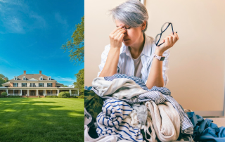 Middle-aged woman sitting alone in a large home looking overwhelmed by clutter and space, representing decision fatigue and downsizing stress.