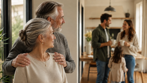 Older couple stands together by a window, smiling as they look toward their adult children and grandchild chatting in the background of a warm, cozy home.