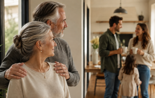 Older couple stands together by a window, smiling as they look toward their adult children and grandchild chatting in the background of a warm, cozy home.